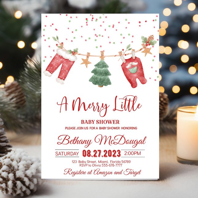 Invitación Merry Little Baby Shower Santa Baby (A Christmas baby shower invitation with a vintage Santa, festive red and green colors, and the phras)