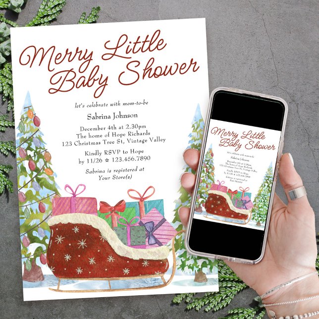 Invitación Merry Little Baby Shower Vintage Sleigh (Merry Little Baby Shower Invitation for the holiday season with christmas tree and red velvet sleigh)