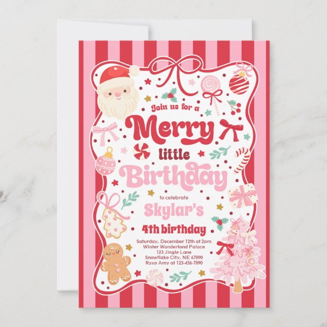 Invitación Merry Little Birthday Party Christmas Coquette Bow (Anverso)