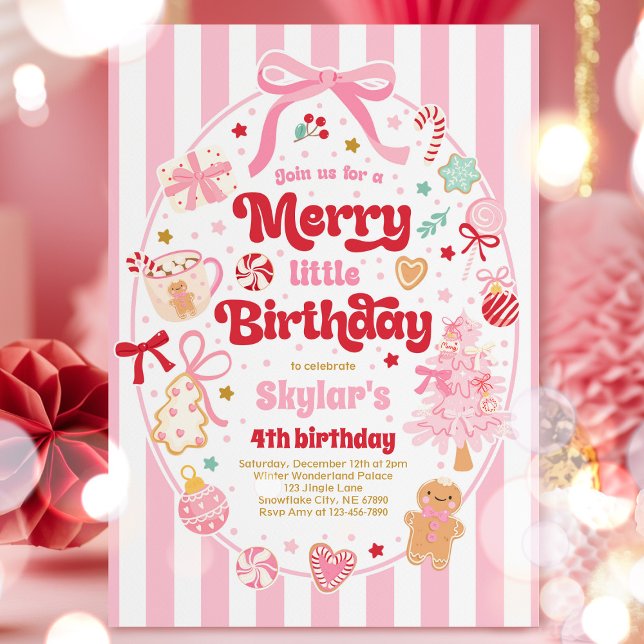 Invitación Merry Little Birthday Party Christmas Coquette Bow (Subido por el creador)