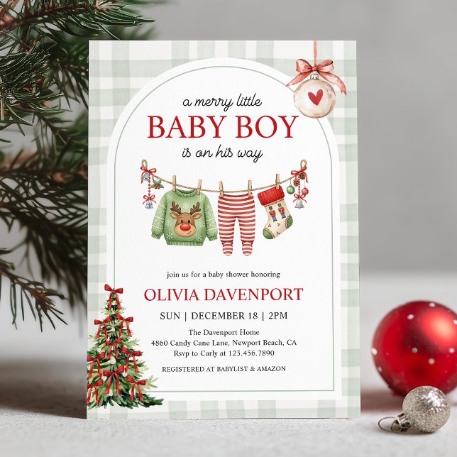 Invitación Merry Little Boy Gingham Christmas Baby Shower (Subido por el creador)