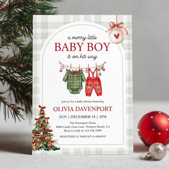 Invitación Merry Little Boy Gingham Christmas Baby Shower (Subido por el creador)