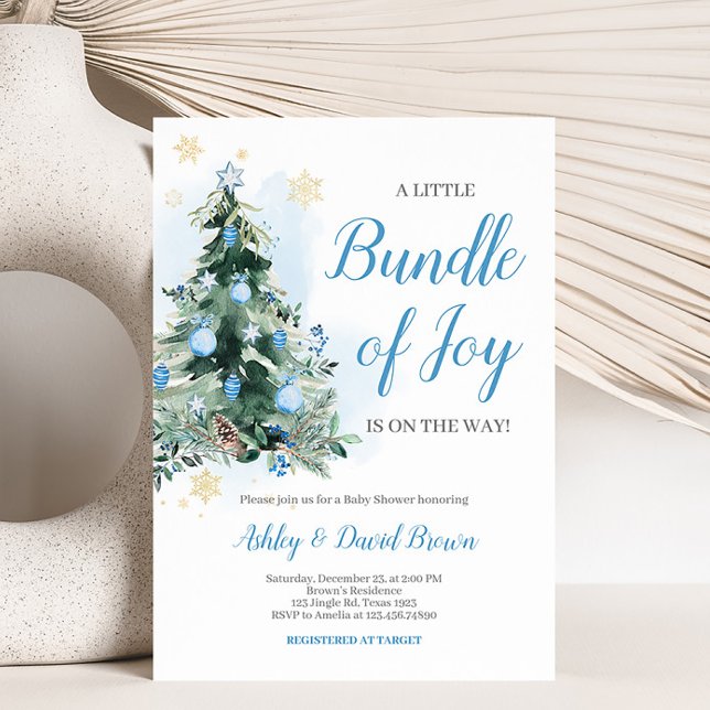 Invitación Merry Little Bundle of Joy Baby Shower (Blue Christmas Tree Baby Shower Invitation)