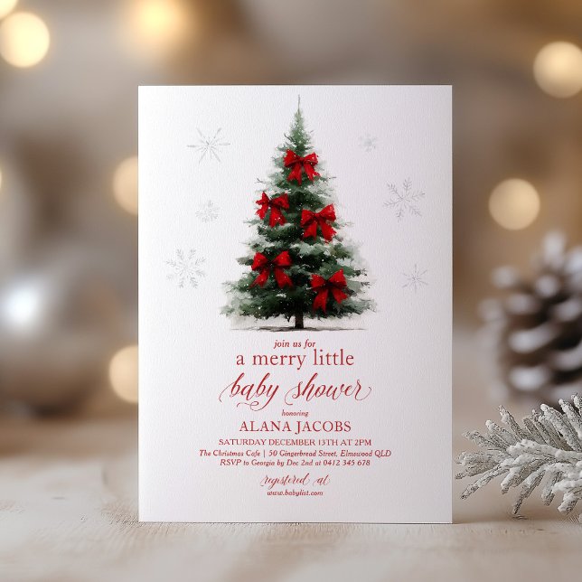 Invitación Merry Little Christmas Baby Shower Xmas Tree (Merry Little Baby Shower! Christmas themed Baby Shower invitation with tree and red bows)
