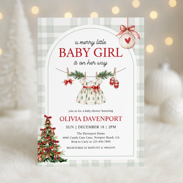 Invitación Merry Little Girl Gingham Christmas Baby Shower (Subido por el creador)