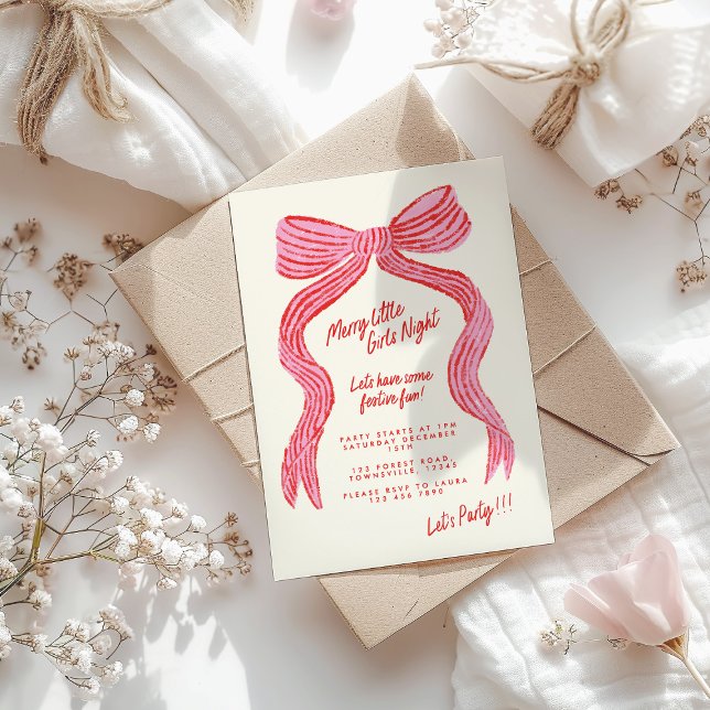 Invitación Merry Little Girls Night Invitation | Pink Red Bow (Subido por el creador)
