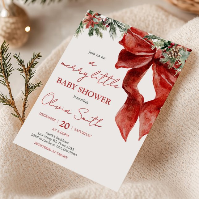 Invitación Merry Little Navidades Baby Shower (Red Bow Merry Little Christmas Baby Shower Invitation)
