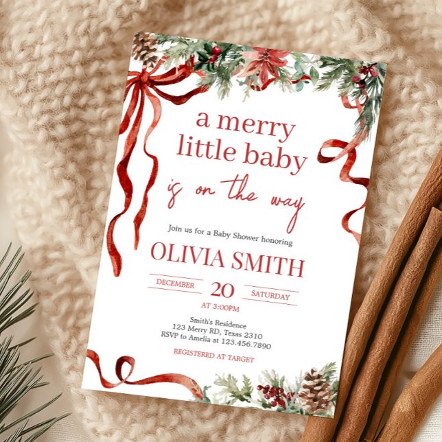 Invitación Merry Little Navidades Santa Baby Shower (Red Bow Merry Little Christmas Baby Shower Invitation)