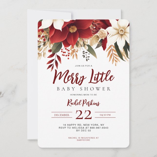 Invitación Merry Little Poinsettia Navidades Baby Shower (Anverso)