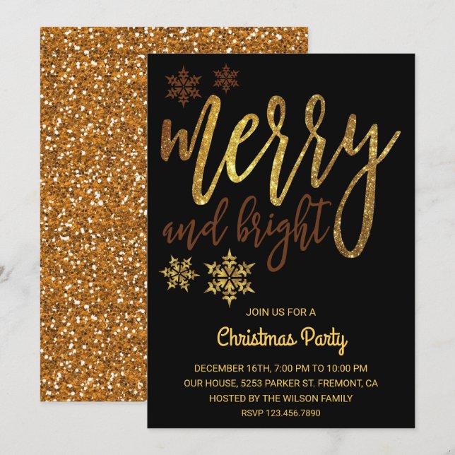 Invitación Merry y Bright | Fiesta de Navidades de oro negro (Anverso / Reverso)