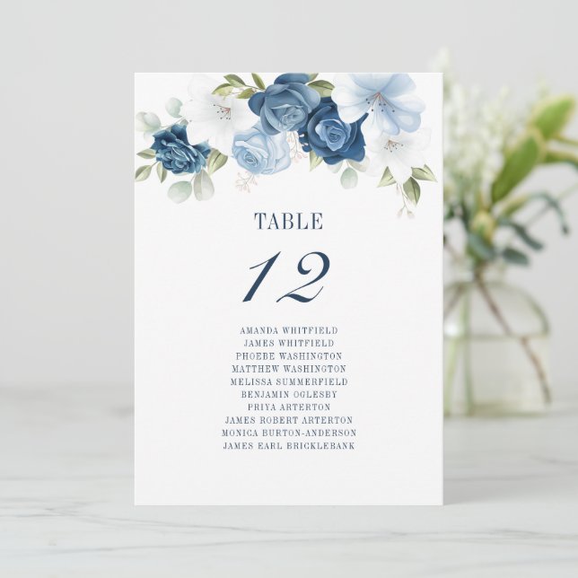 Invitación Mesa Azul Polvo Floral Número de asiento 12 Bodas (Anverso de pie)