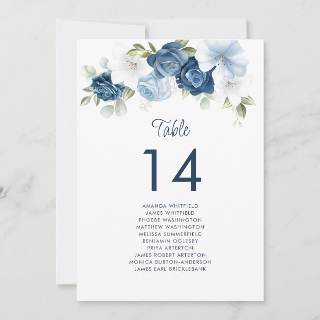 Invitación Mesa Azul Polvo Floral Número de asiento 14 Bodas (Anverso)