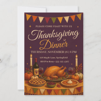 Invitación Mesa de Acción de Gracias Bunting Plum Cena