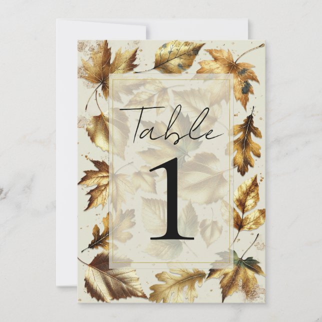 Invitación Mesa de boda beige almendra hojas doradas glam (Anverso)
