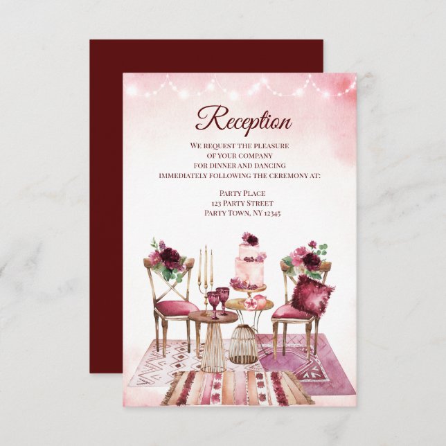 Invitación Mesa de Boho Borgoña Acuarela Recepción Floral (Anverso / Reverso)