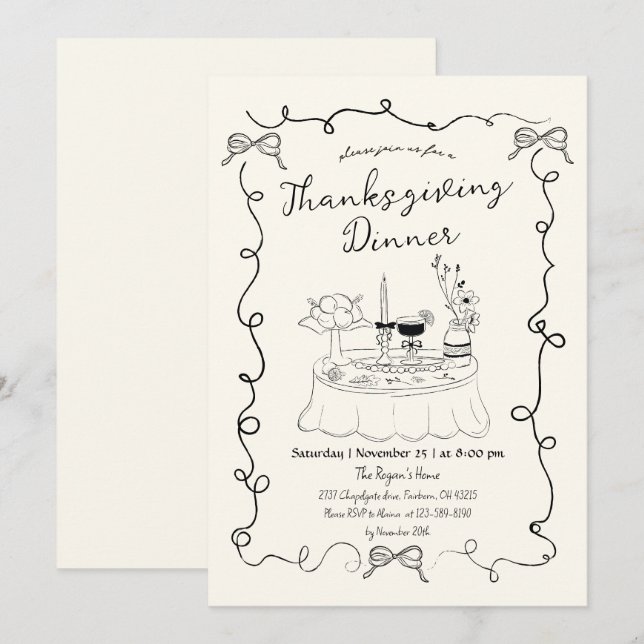 Invitación Mesa de cena a mano dibujada de manera sensacional (Anverso / Reverso)