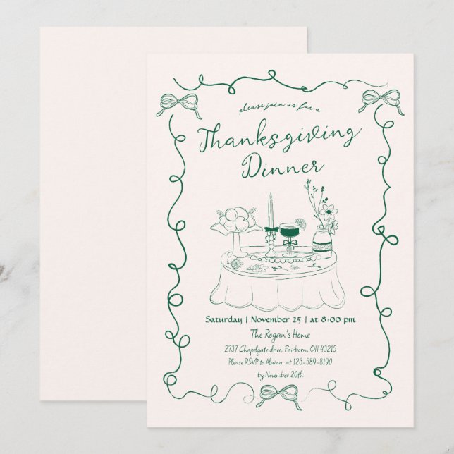 Invitación Mesa de comedor caprichosa dibujada a mano para Ac (Anverso / Reverso)