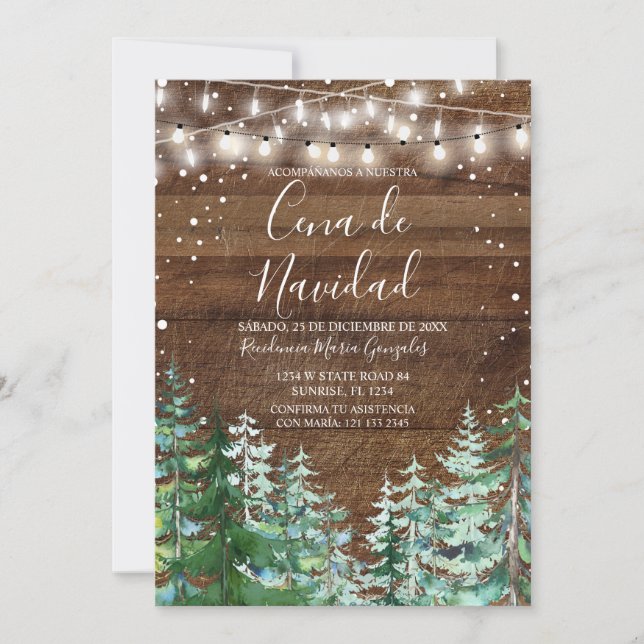 Invitación Mesa de Navidad de Madera Rústica Árboles de Pino  (Anverso)