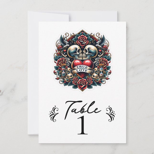 Invitación Mesa de número de tatuaje de corazón de esqueleto  (Reverso)