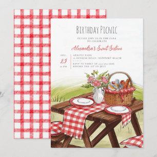 Invitación Mesa de picnic acuarela verano rojo cumpleaños 16