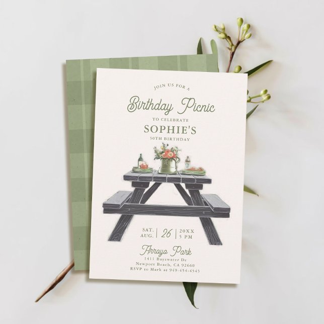 Invitación Mesa de Picnic Verano Elegante Moderno 50 cumpleañ (50th birthday invitation picnic summer spring fall casual modern classy chic watercolor.)