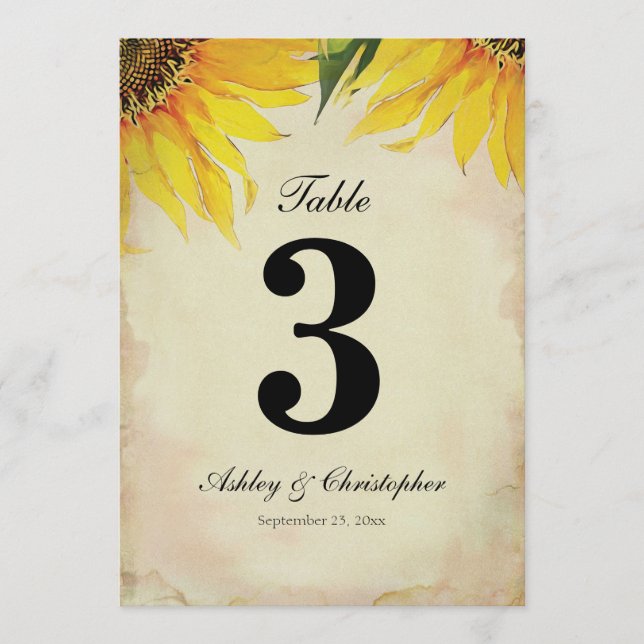 Invitación Mesa de recepción de boda de girasol número tres (Anverso)