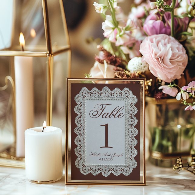 Invitación Mesa Número de Boda de Encaje Marrón Chocolate Ret (Subido por el creador)