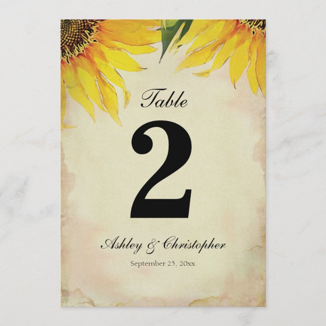 Invitación Mesa Número Dos Recepción de Boda de Girasoles (Anverso)