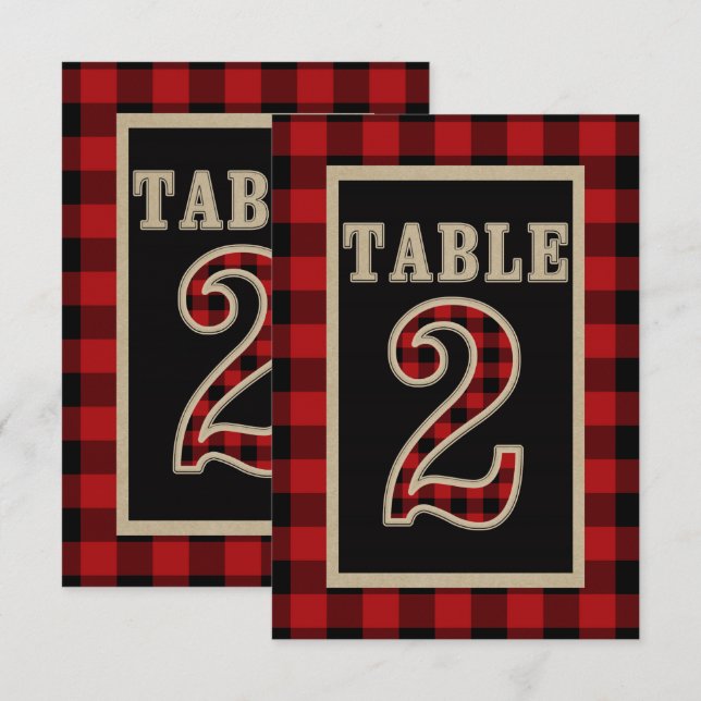 Invitación Mesa rústica número 2 de cuadros de búfalo rojos y (Anverso / Reverso)