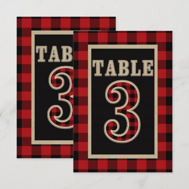 Invitación Mesa rústica número 3 en cuadros de búfalo rojos y (Anverso / Reverso)