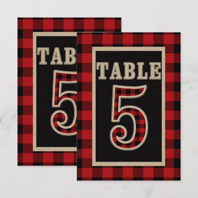 Invitación Mesa rústica número 5 de cuadros de búfalo rojos y (Anverso / Reverso)