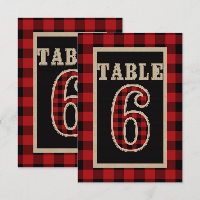 Invitación Mesa rústica número 6 de cuadros de búfalo rojos y (Anverso / Reverso)