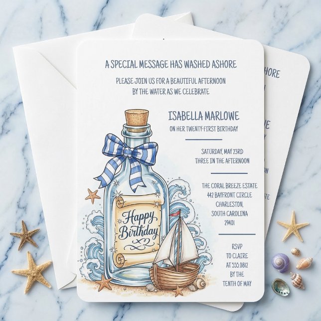 Invitación Message In Bottle Sailboat Birthday Invitation (Your coastal party starts here.)