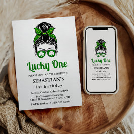 Invitación Messy Bun Lucky One First Birthday Chica