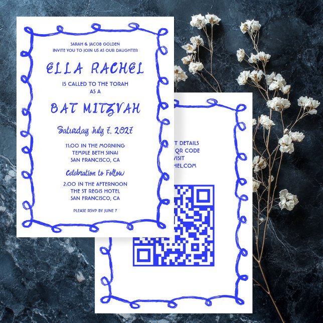 Invitación Messy Loops Hand Drake Personalizado QR Bar Bat Mi (Messy Loops Hand Drawn Custom QR Bar Bat Mitzvah Invitation
)