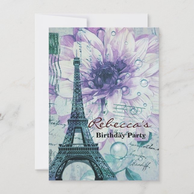 Invitación mestizo morado Vintage Paris Eiffel (Anverso)