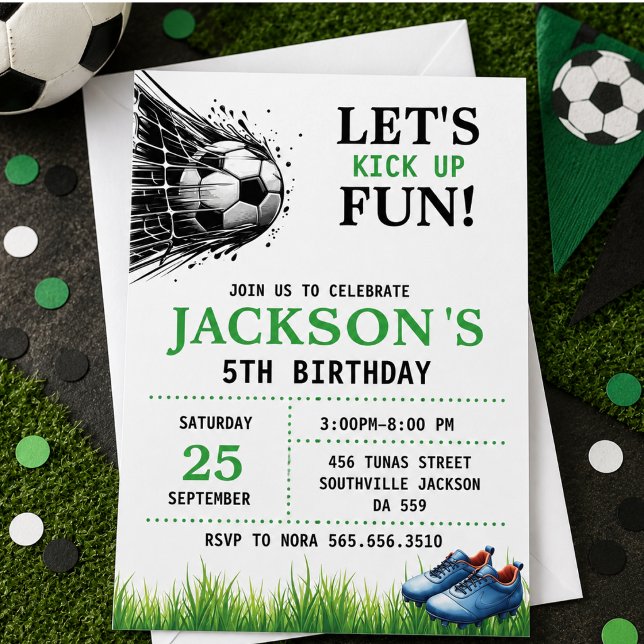 Invitación ¡Meta! Fiesta de cumpleaños número 5 de fútbol (Goal! Soccer 5th Birthday Party Invitation)