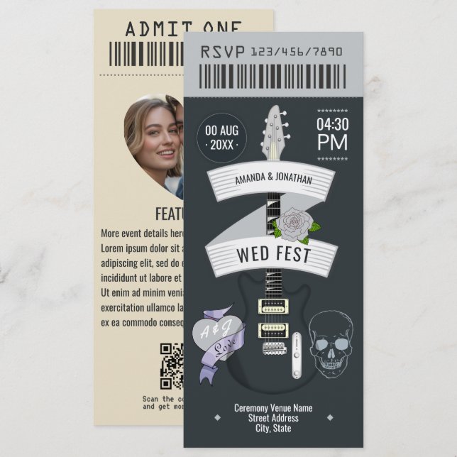 Invitación Metalhead Luxe Rock ’n’ Roll Wedding Ticket (Anverso / Reverso)