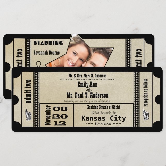 Invitación metálica a Boda de la Playbill funky (Anverso / Reverso)