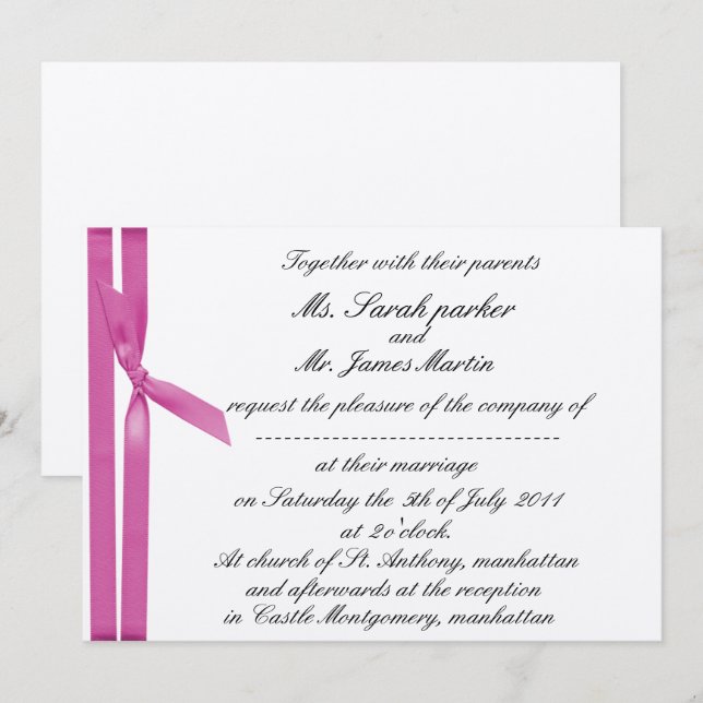Invitación metálica de cinta plateada y rosa (Anverso / Reverso)