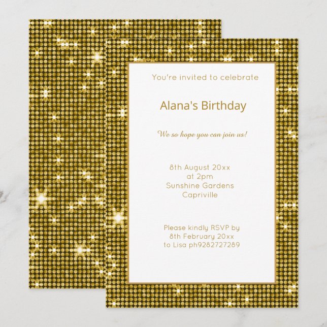 INVITACIÓN METÁLICA DE CUMPLEAÑOS DE ORO BLANCO Di (Anverso / Reverso)