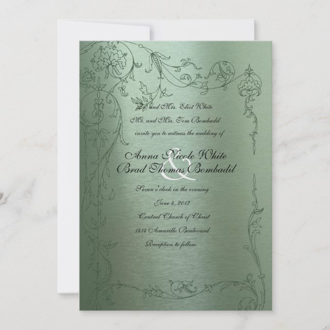 Invitación metálica de la boda del verde tímido (Anverso)