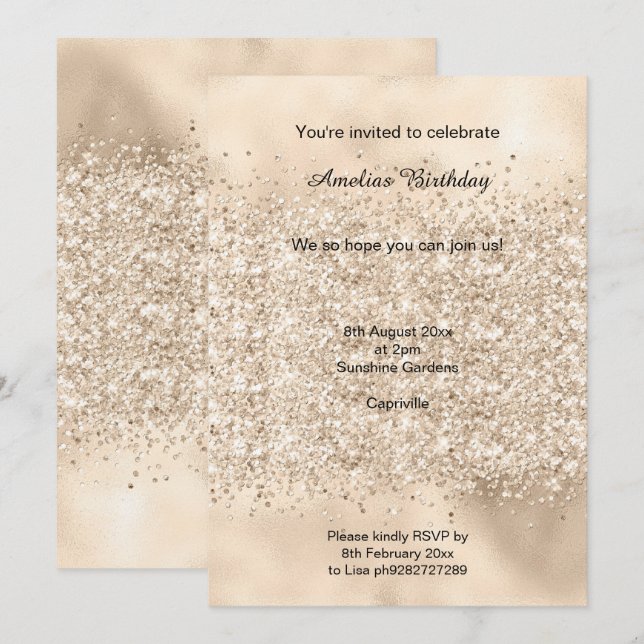 INVITACIÓN METÁLICA DEL FIESTA LUXE GOLD SPARKLE (Anverso / Reverso)