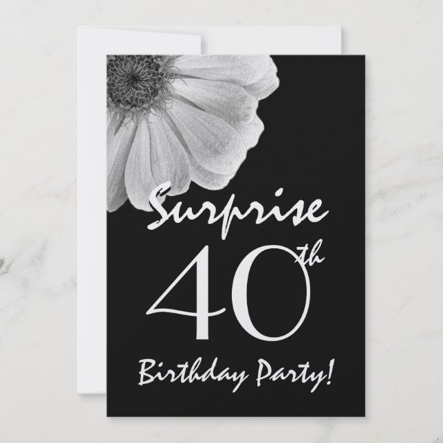 Invitación Metálico de margarita blanca negra, día 40 de sorp (Anverso)