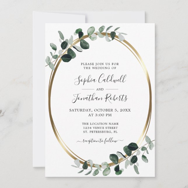 Invitación Metálico de oro Eucalyptus en un Boda (Anverso)
