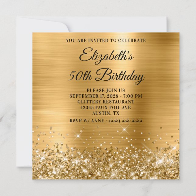 Invitación Metálico Oro Purpurinoso 50 cumpleaños (Anverso)