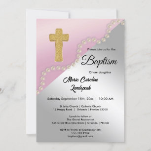 Invitación Metálico plateado de oro Rosa y bautismo de perlas
