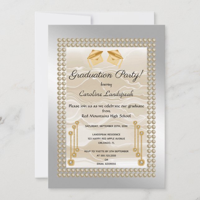 Invitación Metálico plateado de seda crema y perlas (Anverso)