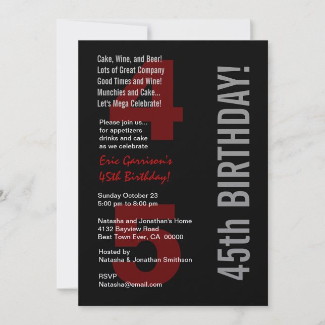 Invitación Metálico rojo blanco y negro 45 años (Anverso)
