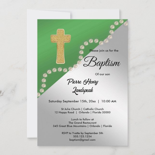 Invitación Metálico Verde y Plata y Bautismo de Perlas (Anverso)